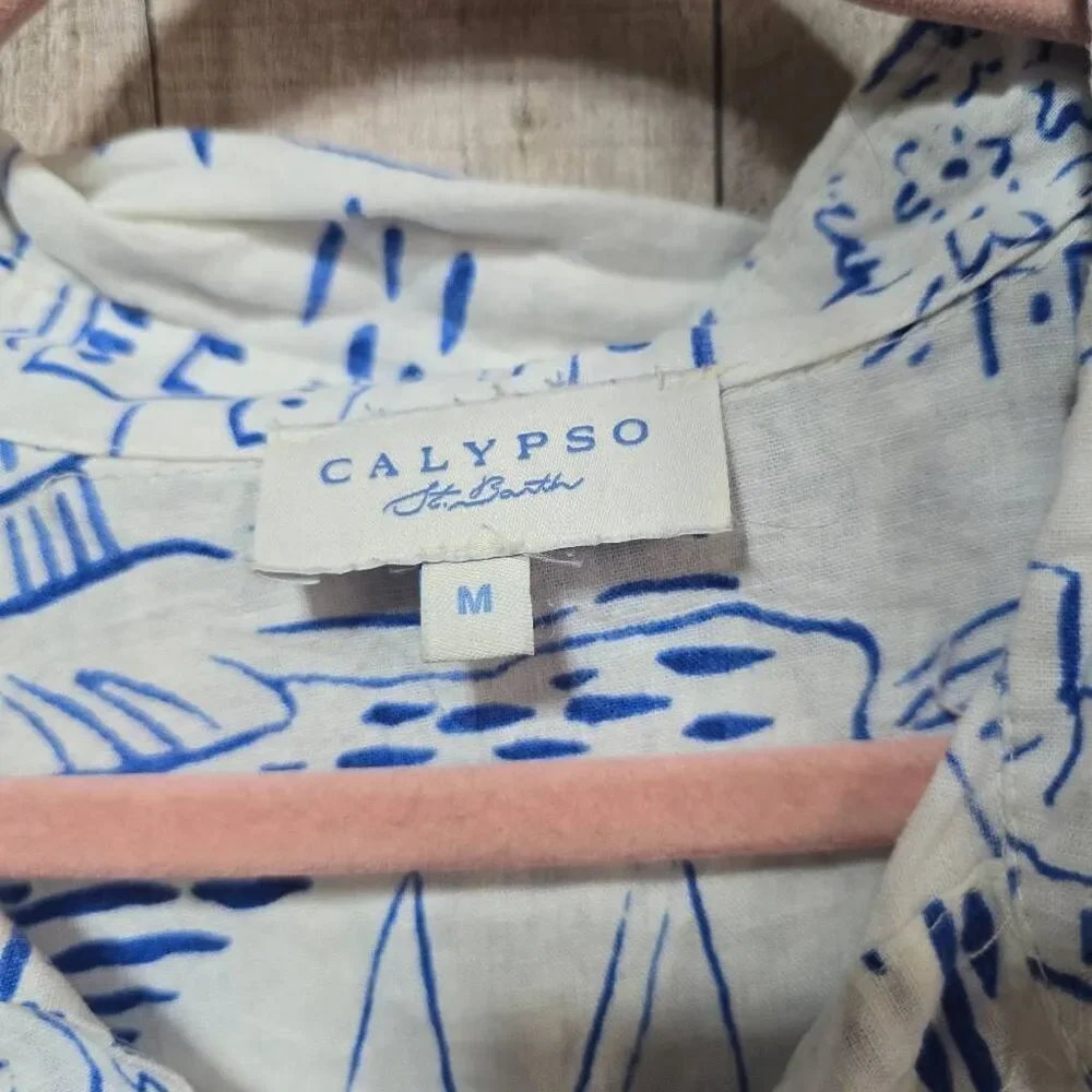 Calypso St Barth White and Blue Linen Blend Scenic Print Cityscape Crop Top
